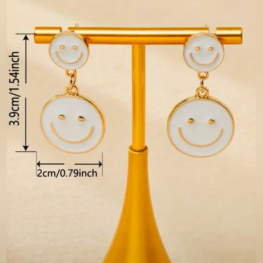 Chic Smiley Drop Earrings – White Enamel with Gold Large Gold Disk Trim - Picture 2 of 2